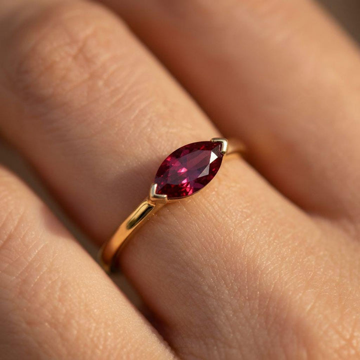 East West Marquise Ruby CZ Travel Ring, July Birthstone Solitaire Ring, Minimalist Red Gemstone Vacation Engagement Ring