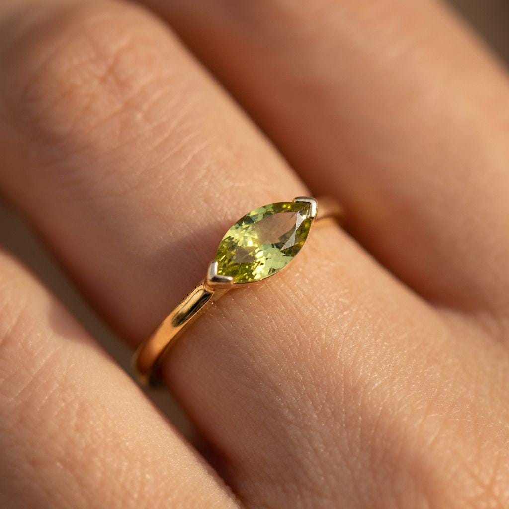 East West Marquise Peridot CZ Travel Ring | Minimalist Lime Green Solitaire Ring | August Birthstone Ring