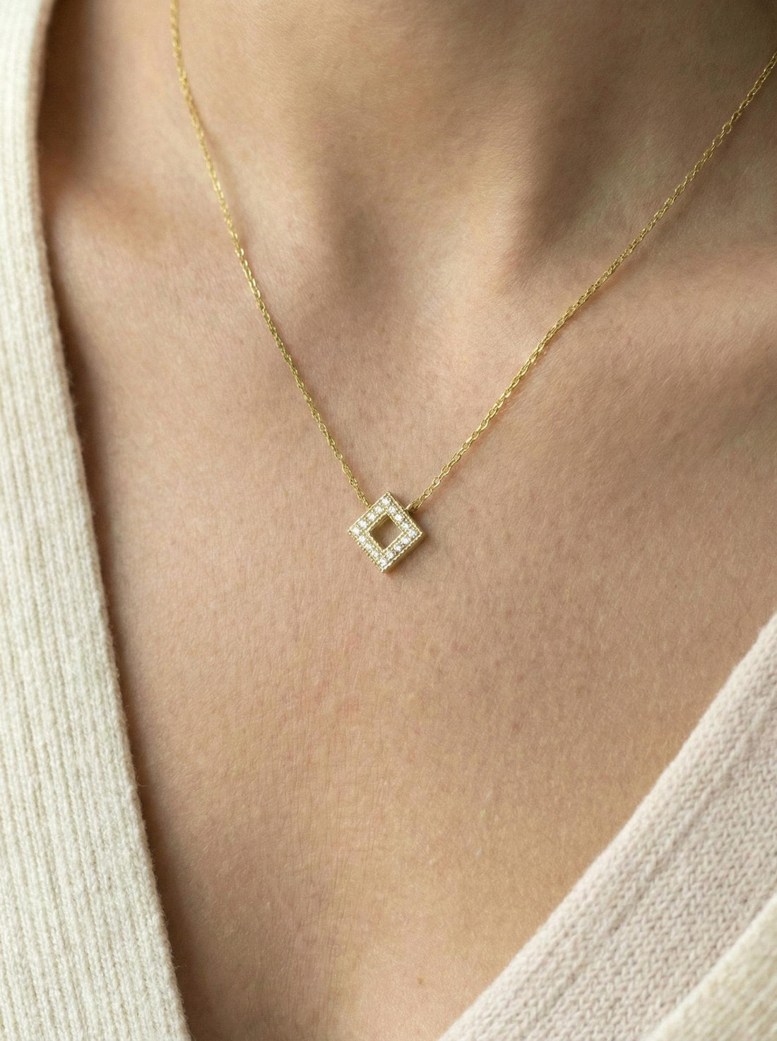 Diamond Open Square Necklace Geometric Pendant Necklace Gift for Her Minimalist Square Necklace Dainty Diamond Necklace for Women