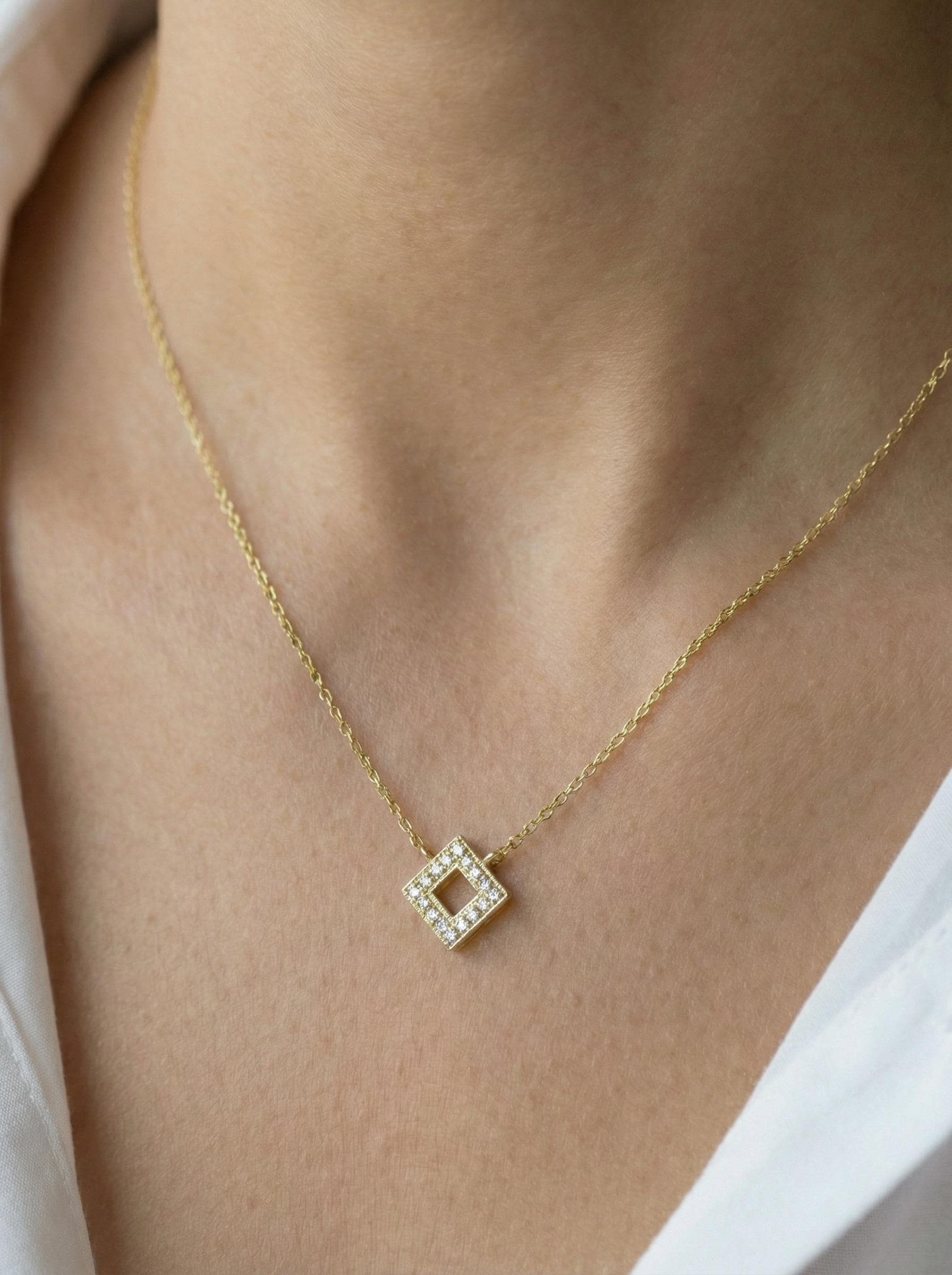 Diamond Open Square Necklace Geometric Pendant Necklace Gift for Her Minimalist Square Necklace Dainty Diamond Necklace for Women