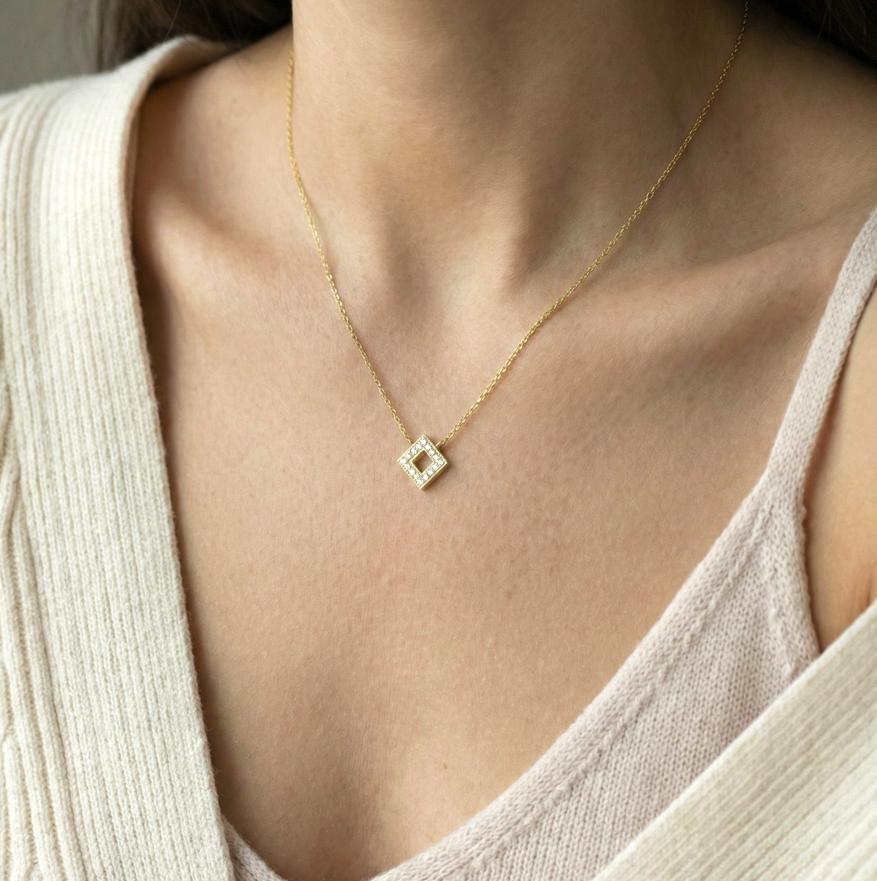 Diamond Open Square Necklace Geometric Pendant Necklace Gift for Her Minimalist Square Necklace Dainty Diamond Necklace for Women