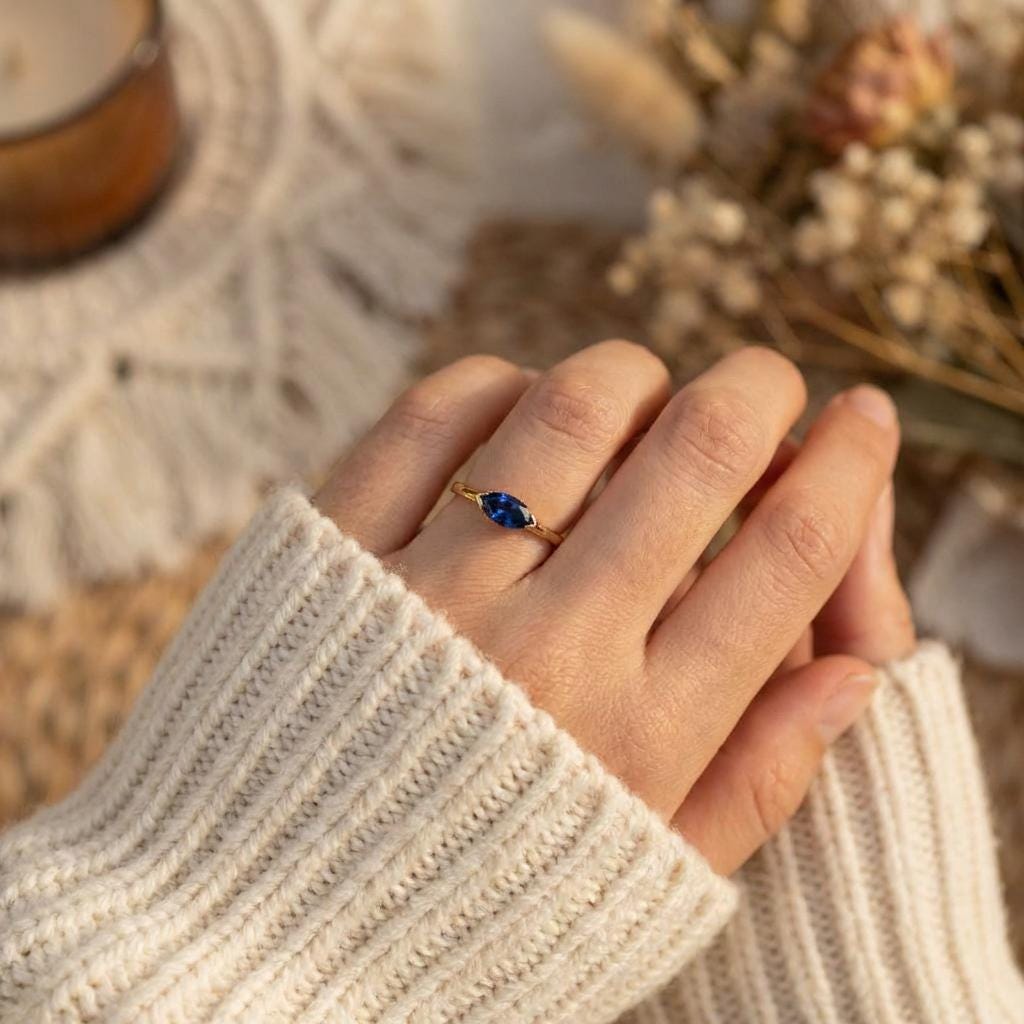 Sapphire Engagement Ring Solitaire Travel Ring Marquise Cut September Birthstone Jewelry