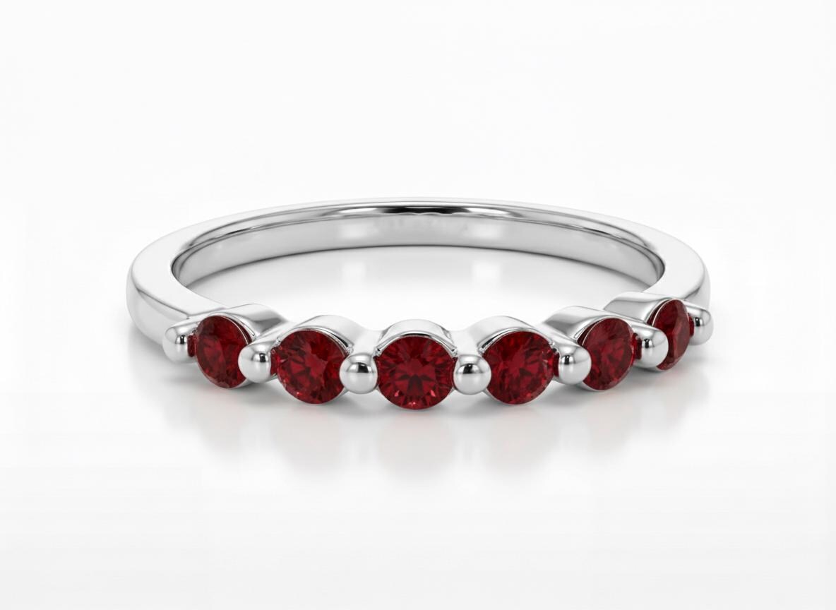 Garnet Ring Deep Red Wedding Band Anniversary Gift 14K Gold Scalloped Stacking Ring Half Eternity January Birthstone Custom Jewelry