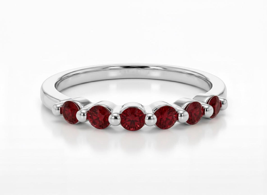 Garnet Ring Deep Red Wedding Band Anniversary Gift 14K Gold Scalloped Stacking Ring Half Eternity January Birthstone Custom Jewelry