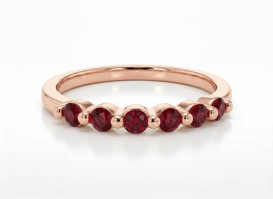 Garnet Ring Deep Red Wedding Band Anniversary Gift 14K Gold Scalloped Stacking Ring Half Eternity January Birthstone Custom Jewelry