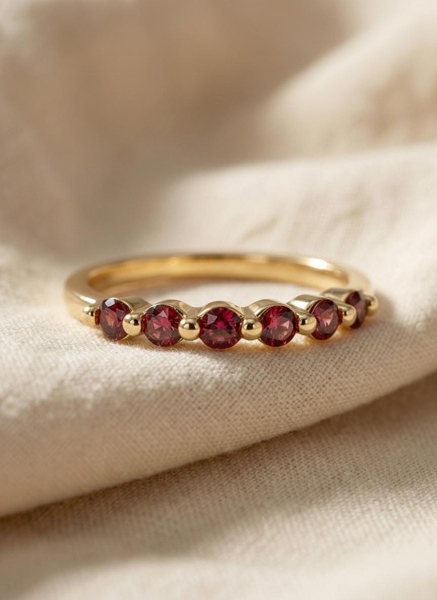 Garnet Ring Deep Red Wedding Band Anniversary Gift 14K Gold Scalloped Stacking Ring Half Eternity January Birthstone Custom Jewelry