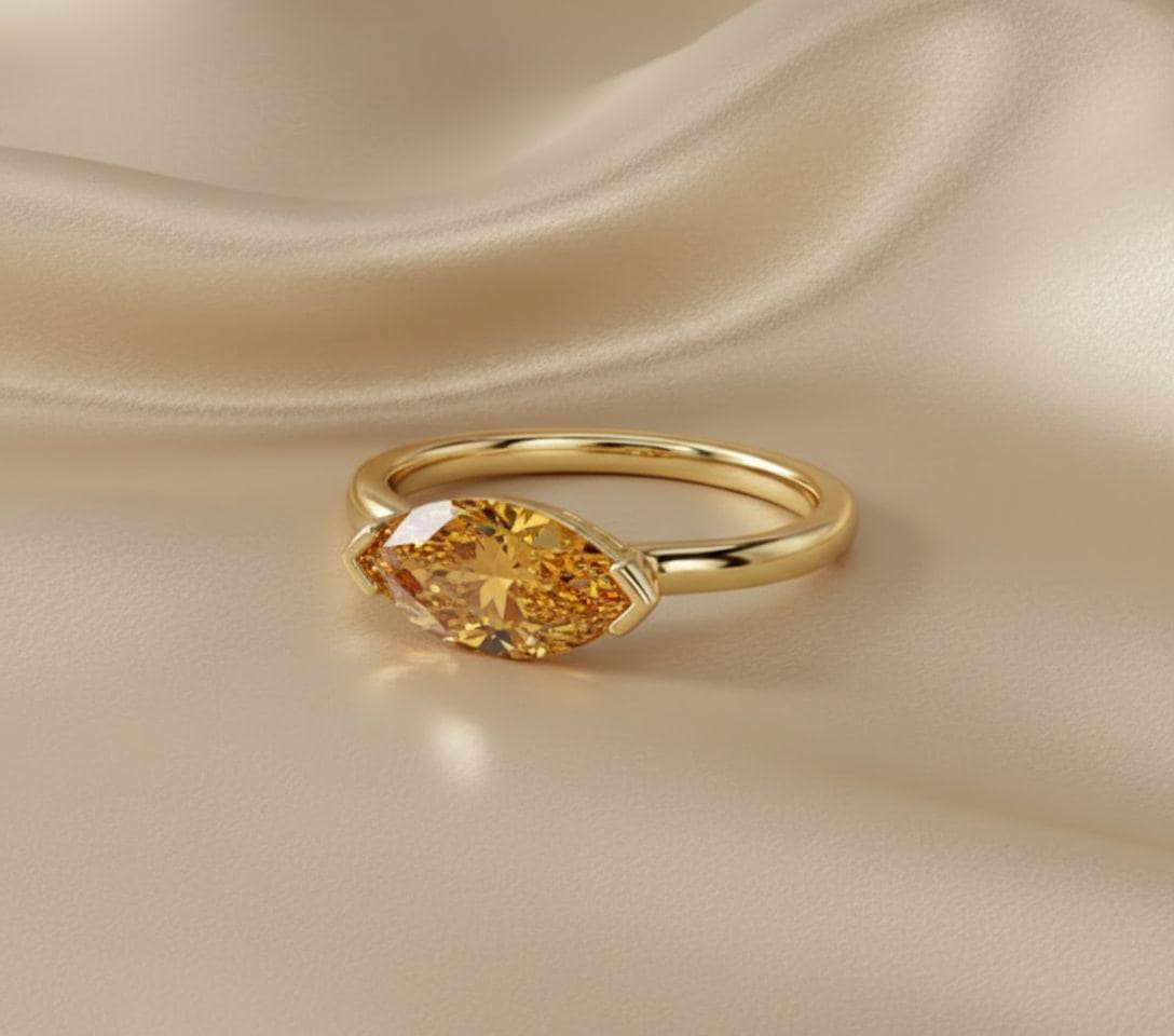 East West Marquise Citrine Travel Ring, 14K Sold Gold Solitaire Engagement Ring, Dainty Marquise Cut Promise Ring, November Birthstone Ring