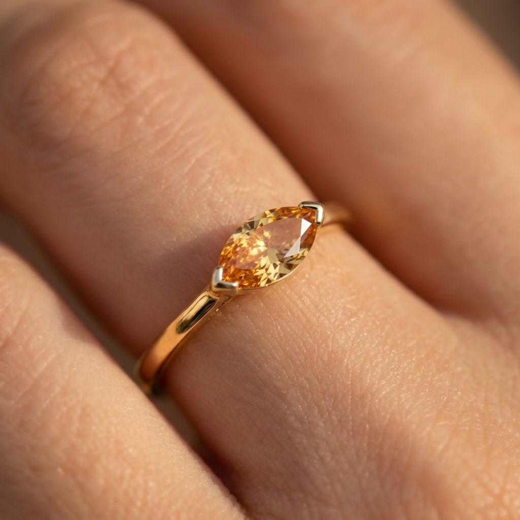 East West Marquise Citrine Travel Ring, 14K Sold Gold Solitaire Engagement Ring, Dainty Marquise Cut Promise Ring, November Birthstone Ring