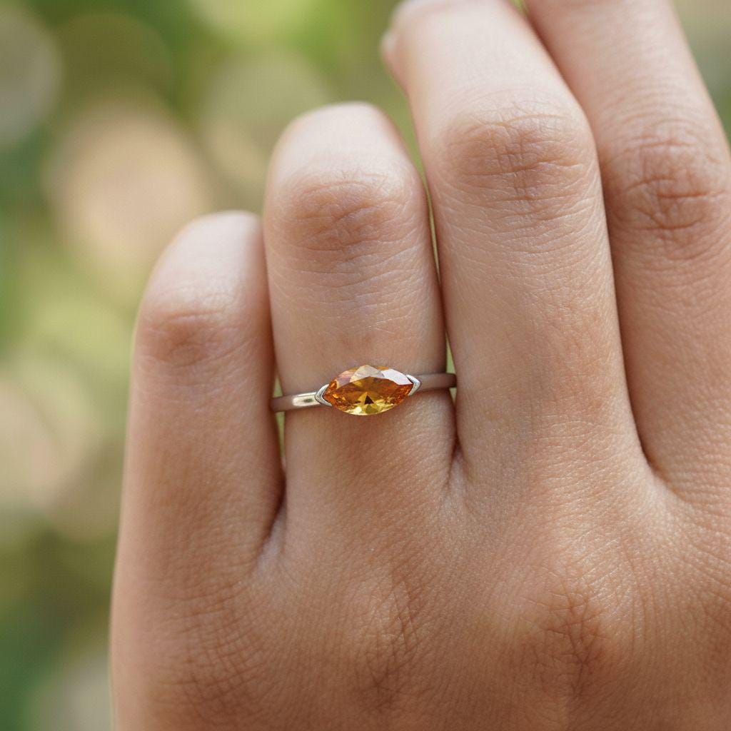 East West Marquise Citrine Travel Ring, 14K Sold Gold Solitaire Engagement Ring, Dainty Marquise Cut Promise Ring, November Birthstone Ring