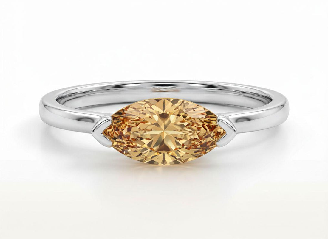 East West Marquise Citrine Travel Ring, 14K Sold Gold Solitaire Engagement Ring, Dainty Marquise Cut Promise Ring, November Birthstone Ring