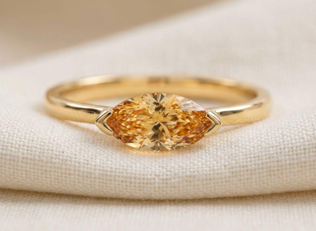 East West Marquise Citrine Travel Ring, 14K Sold Gold Solitaire Engagement Ring, Dainty Marquise Cut Promise Ring, November Birthstone Ring