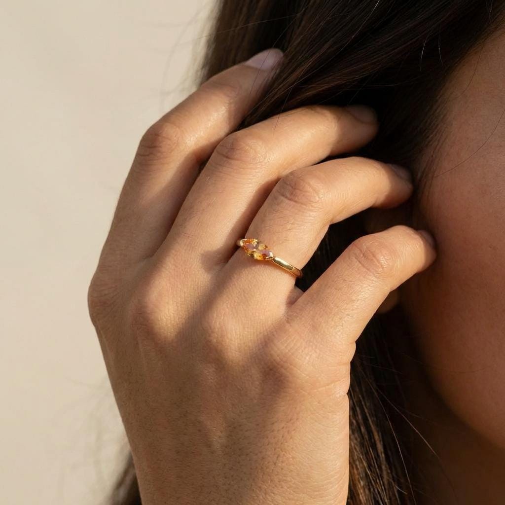 East West Marquise Citrine Travel Ring, 14K Sold Gold Solitaire Engagement Ring, Dainty Marquise Cut Promise Ring, November Birthstone Ring