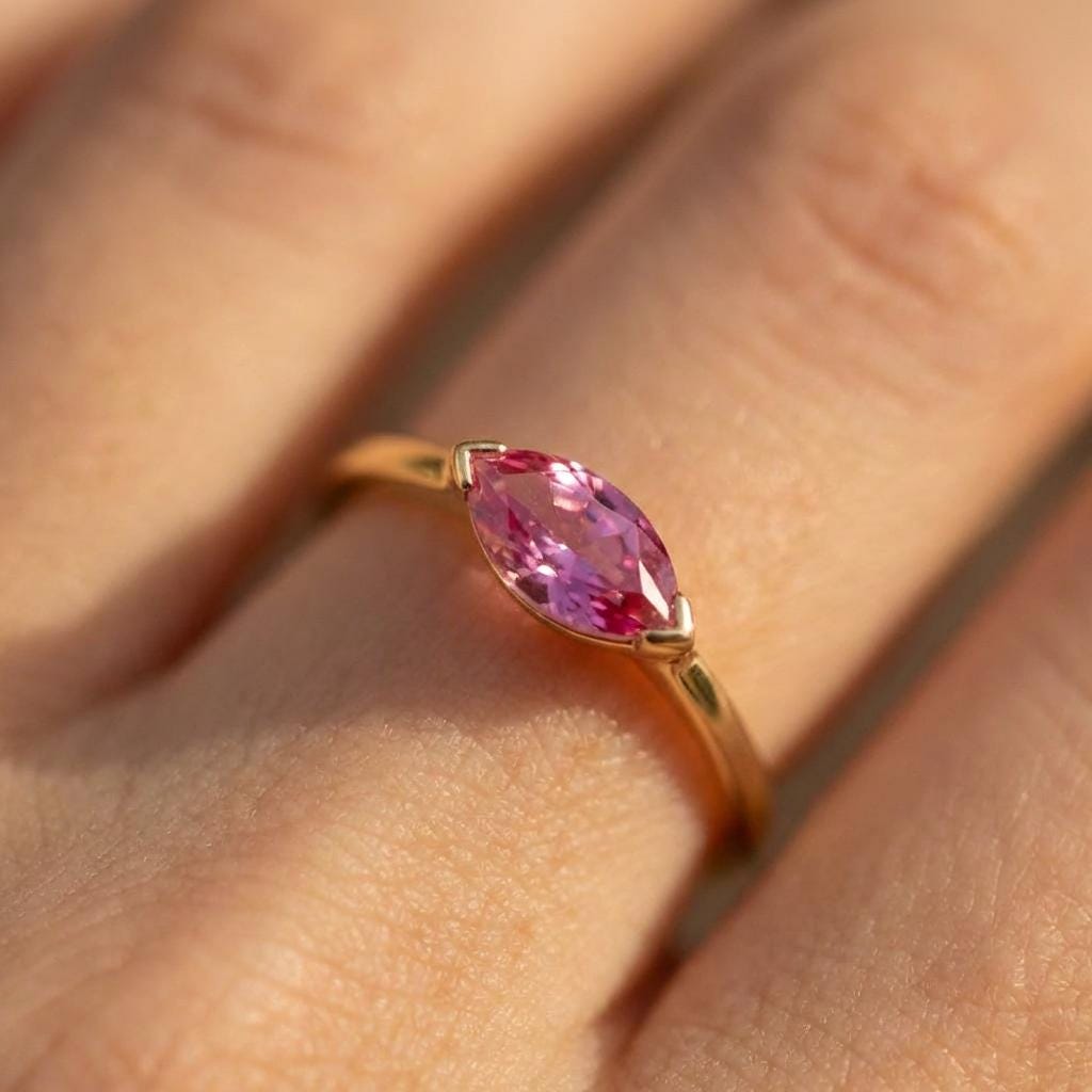 East West Marquise Pink Sapphire Travel Ring | Minimalist Solitaire Engagement Ring | Dainty Marquise Cut Promise Ring September Birthstone