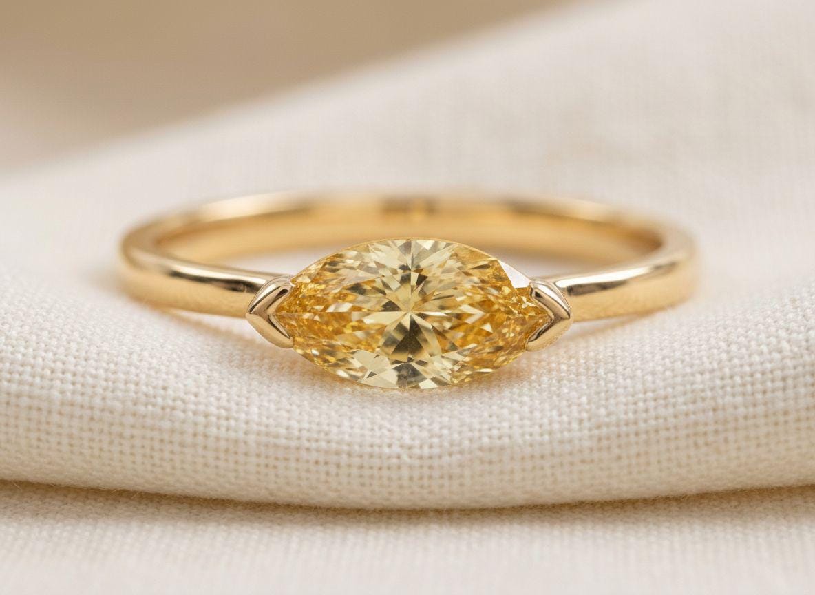 East West Marquise Yellow Sapphire Travel Ring, Minimalist Solitaire Engagement Ring, Dainty Marquise Cut Promise Ring, September Birthstone