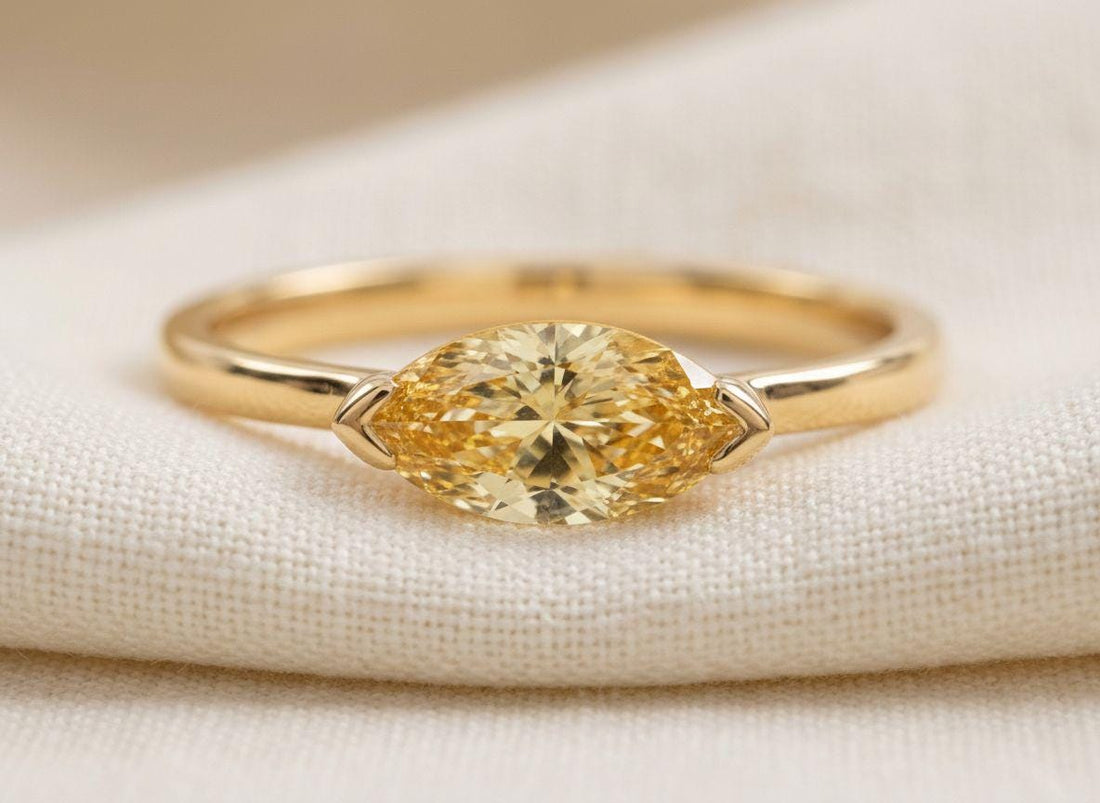 East West Marquise Yellow Sapphire Travel Ring, Minimalist Solitaire Engagement Ring, Dainty Marquise Cut Promise Ring, September Birthstone