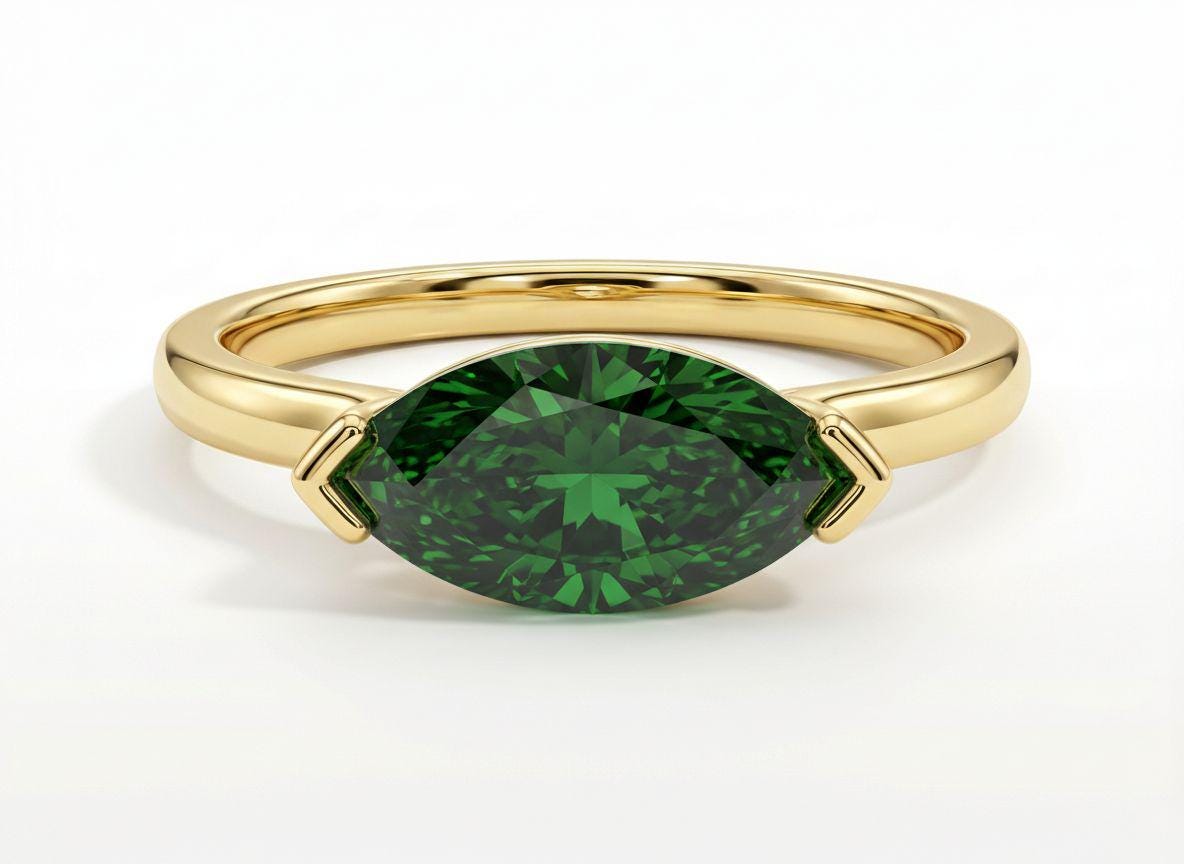 East West Marquise Green Sapphire Travel Ring, Minimalist Solitaire Engagement Ring, Dainty Marquise Cut Promise Ring, September Birthstone