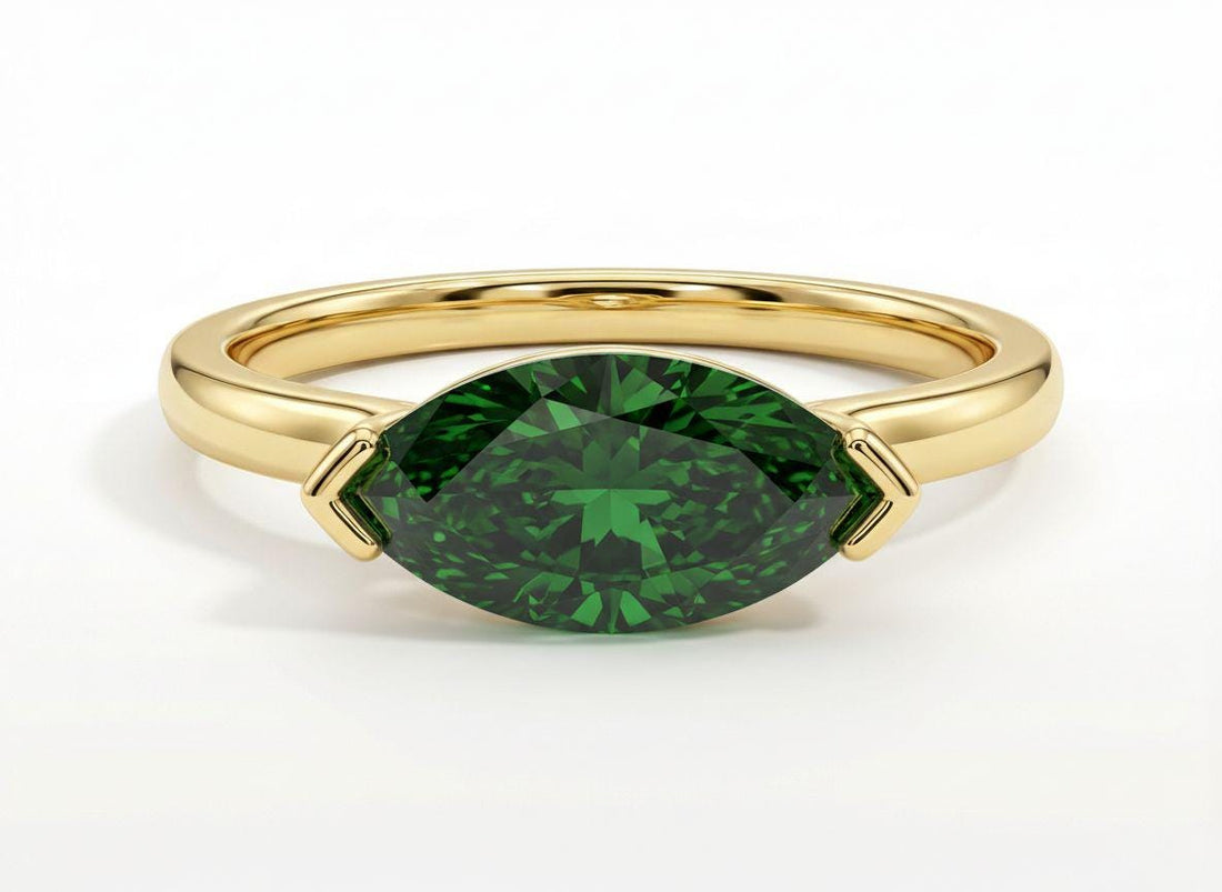 East West Marquise Green Sapphire Travel Ring, Minimalist Solitaire Engagement Ring, Dainty Marquise Cut Promise Ring, September Birthstone