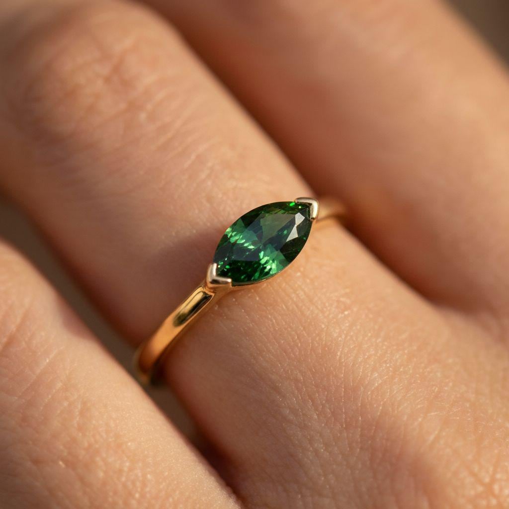 East West Marquise Green Sapphire Travel Ring, Minimalist Solitaire Engagement Ring, Dainty Marquise Cut Promise Ring, September Birthstone