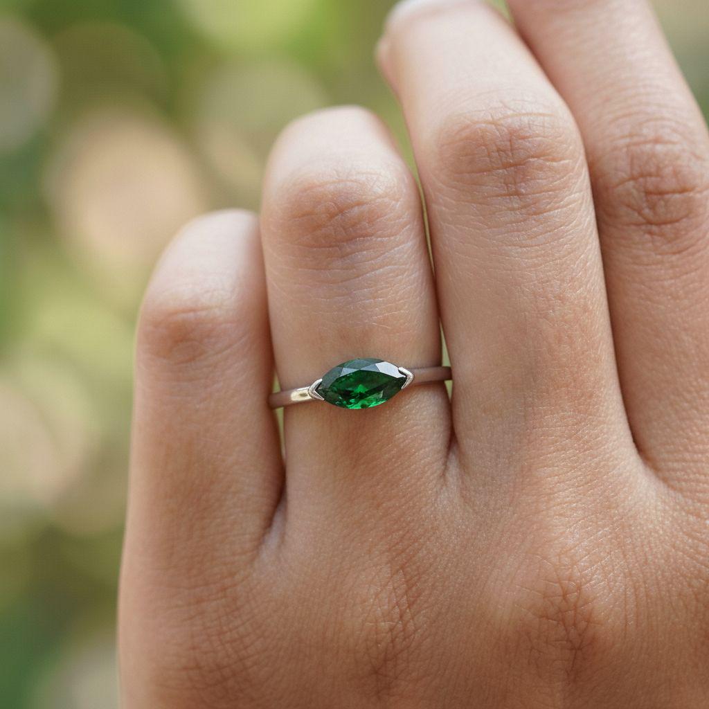 East West Marquise Green Sapphire Travel Ring, Minimalist Solitaire Engagement Ring, Dainty Marquise Cut Promise Ring, September Birthstone