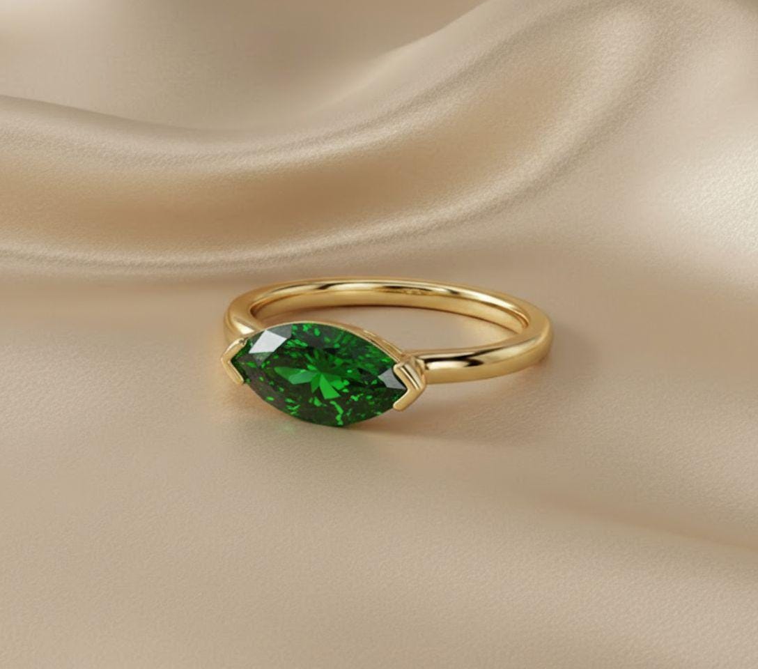East West Marquise Green Sapphire Travel Ring, Minimalist Solitaire Engagement Ring, Dainty Marquise Cut Promise Ring, September Birthstone