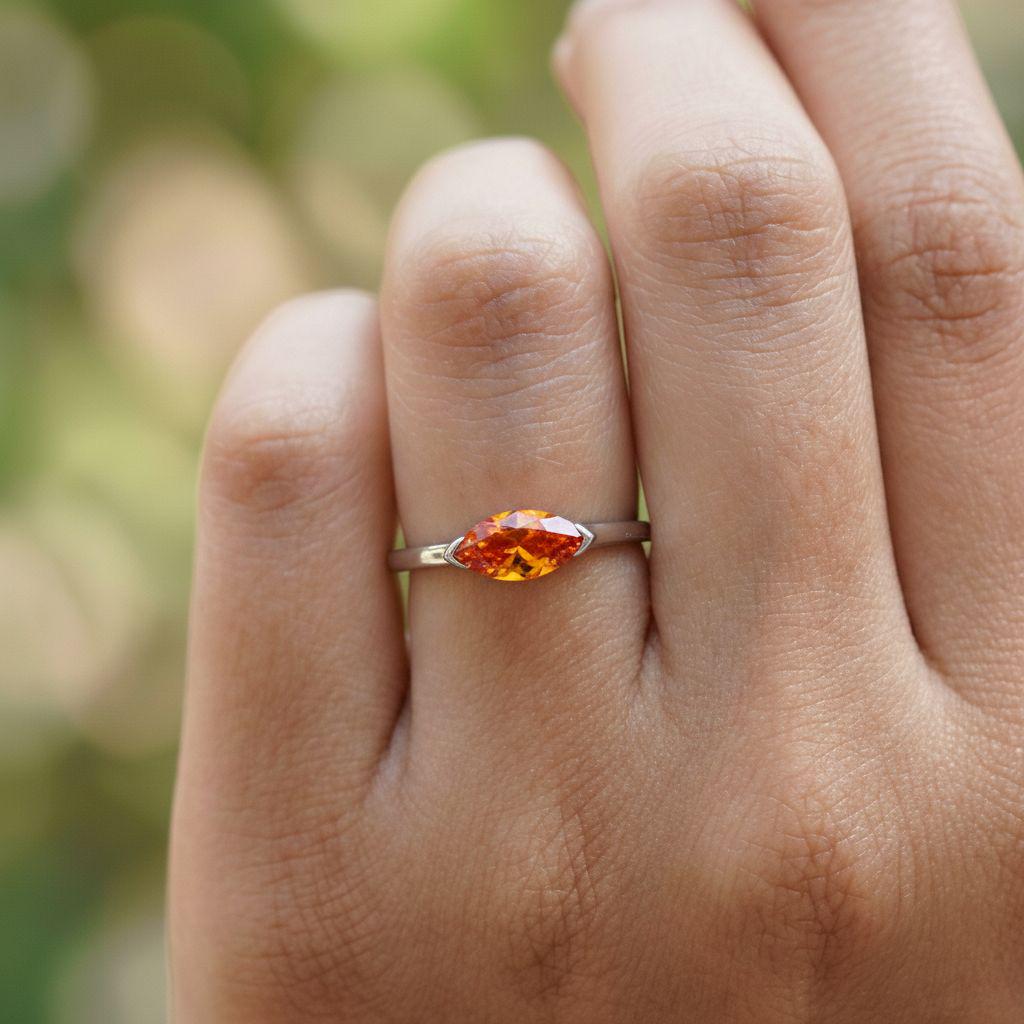 East West Marquise Orange Sapphire Travel Ring, Minimalist Solitaire Engagement Ring, Dainty Marquise Cut Promise Ring, September Birthstone