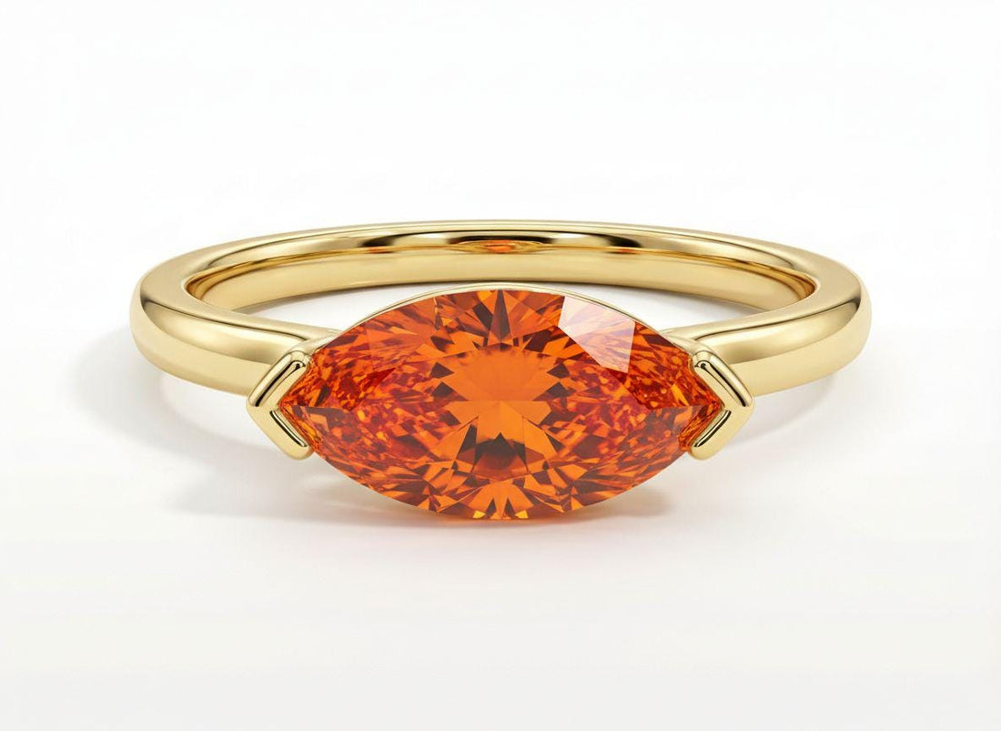 East West Marquise Orange Sapphire Travel Ring, Minimalist Solitaire Engagement Ring, Dainty Marquise Cut Promise Ring, September Birthstone