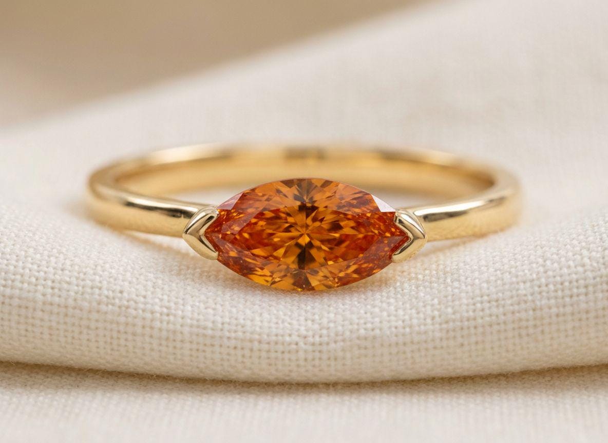 East West Marquise Orange Sapphire Travel Ring, Minimalist Solitaire Engagement Ring, Dainty Marquise Cut Promise Ring, September Birthstone