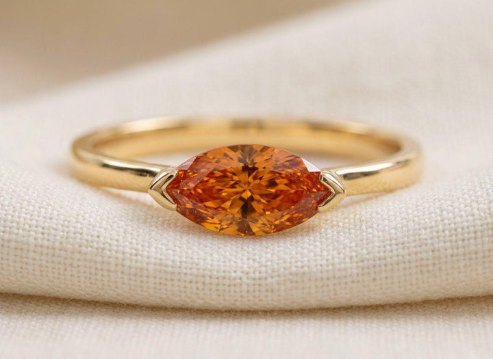 East West Marquise Orange Sapphire Travel Ring, Minimalist Solitaire Engagement Ring, Dainty Marquise Cut Promise Ring, September Birthstone