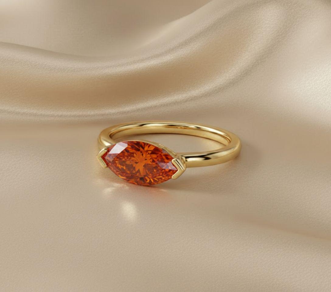 East West Marquise Orange Sapphire Travel Ring, Minimalist Solitaire Engagement Ring, Dainty Marquise Cut Promise Ring, September Birthstone