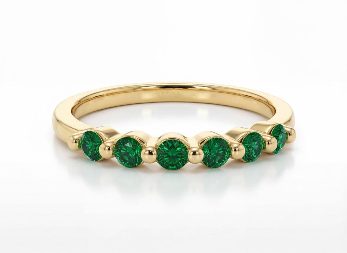 Emerald Bubble Wedding Band, 14K Gold May Birthstone Ring, Green Gemstone Half Eternity Stacking Band, Anniversary Ring for Her