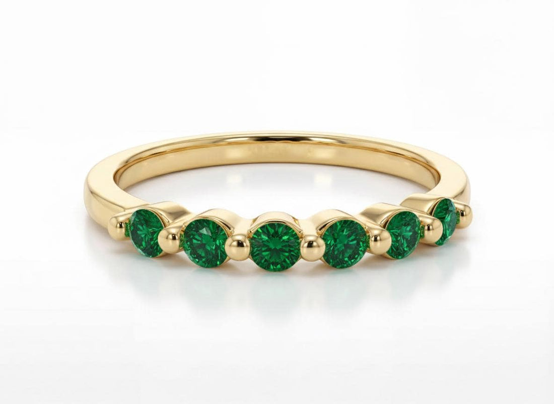 Emerald Bubble Wedding Band, 14K Gold May Birthstone Ring, Green Gemstone Half Eternity Stacking Band, Anniversary Ring for Her