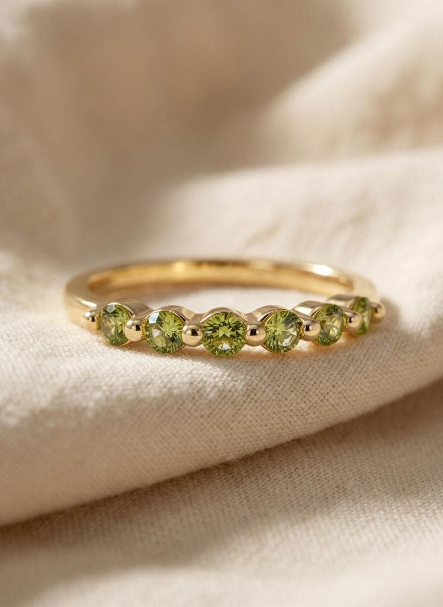 Anniversary Gift Peridot Wedding Band Lime Green Half Eternity Ring 14K Gold or Silver 6 Stone Stacking Ring August Birthstone Jewelry