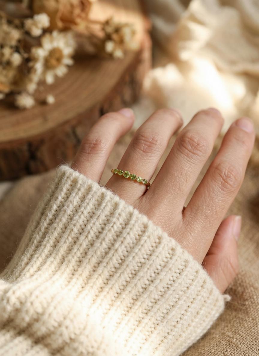 Anniversary Gift Peridot Wedding Band Lime Green Half Eternity Ring 14K Gold or Silver 6 Stone Stacking Ring August Birthstone Jewelry