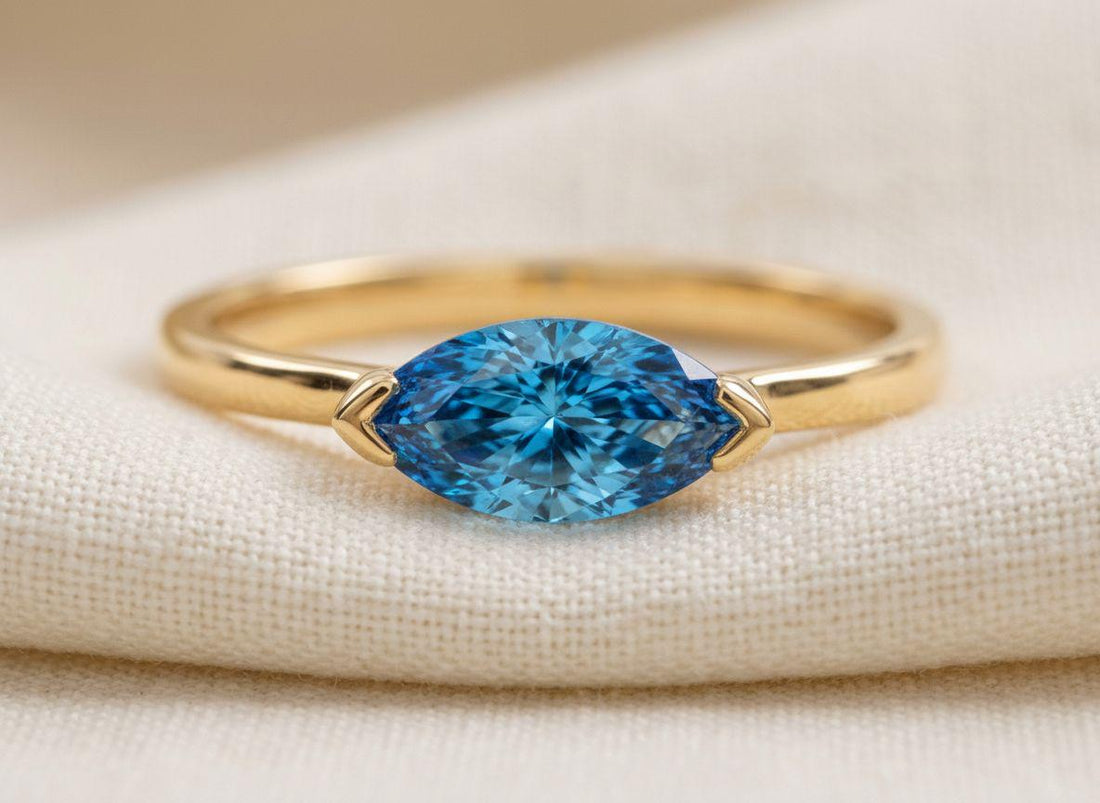 East West Marquise Blue Zircon Travel Ring, Minimalist Solitaire Engagement Ring, Dainty Marquise Cut Promise Ring, December Birthstone Ring