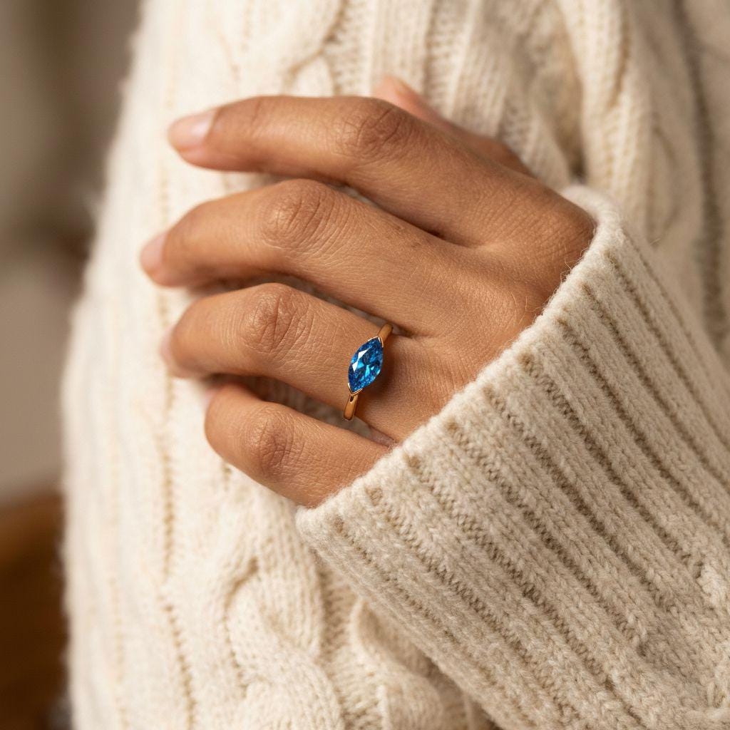 East West Marquise Blue Zircon Travel Ring, Minimalist Solitaire Engagement Ring, Dainty Marquise Cut Promise Ring, December Birthstone Ring