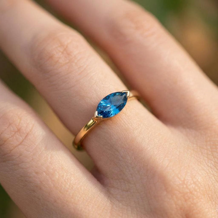 East West Marquise Blue Zircon Travel Ring, Minimalist Solitaire Engagement Ring, Dainty Marquise Cut Promise Ring, December Birthstone Ring