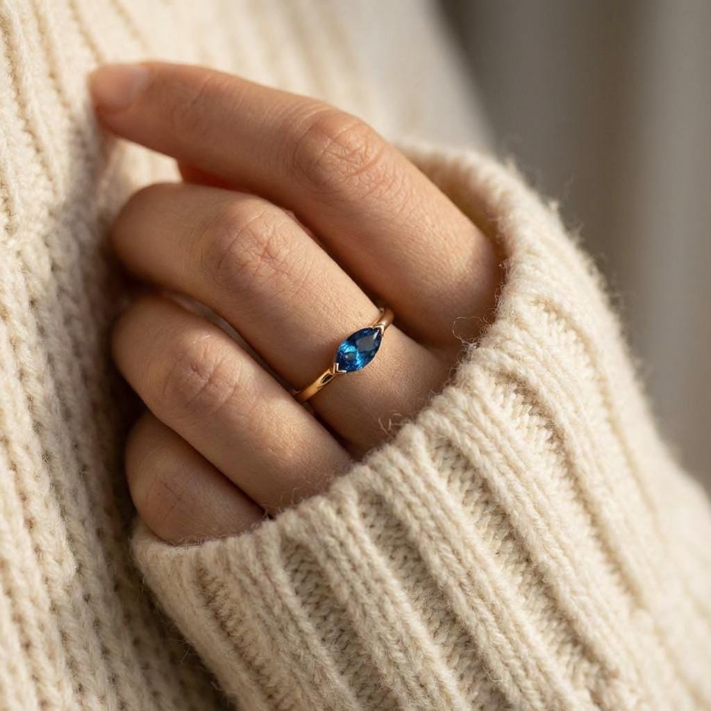 East West Marquise Blue Zircon Travel Ring, Minimalist Solitaire Engagement Ring, Dainty Marquise Cut Promise Ring, December Birthstone Ring