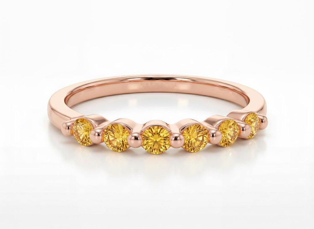 Citrine Wedding Band, 14K Gold 6 Stone Half Eternity Ring, November Birthstone Stacking Band, Golden Yellow Anniversary Ring