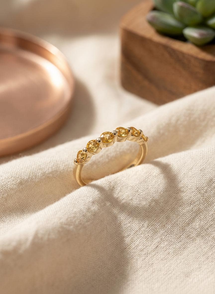 Citrine Wedding Band, 14K Gold 6 Stone Half Eternity Ring, November Birthstone Stacking Band, Golden Yellow Anniversary Ring
