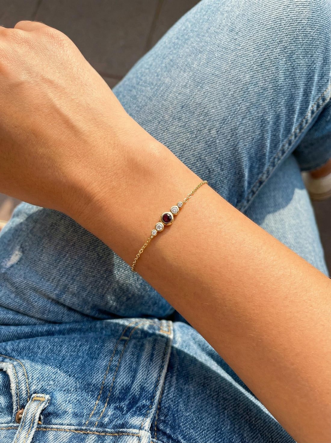 Natural Garnet Bezel Bracelet in 14k Gold - Personalized Bridesmaid Gift January Birthstone