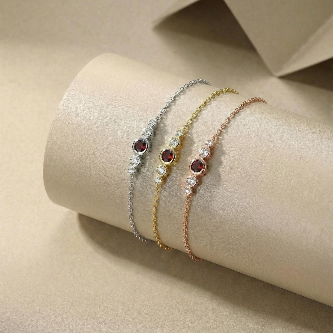Natural Garnet Bezel Bracelet in 14k Gold - Personalized Bridesmaid Gift January Birthstone