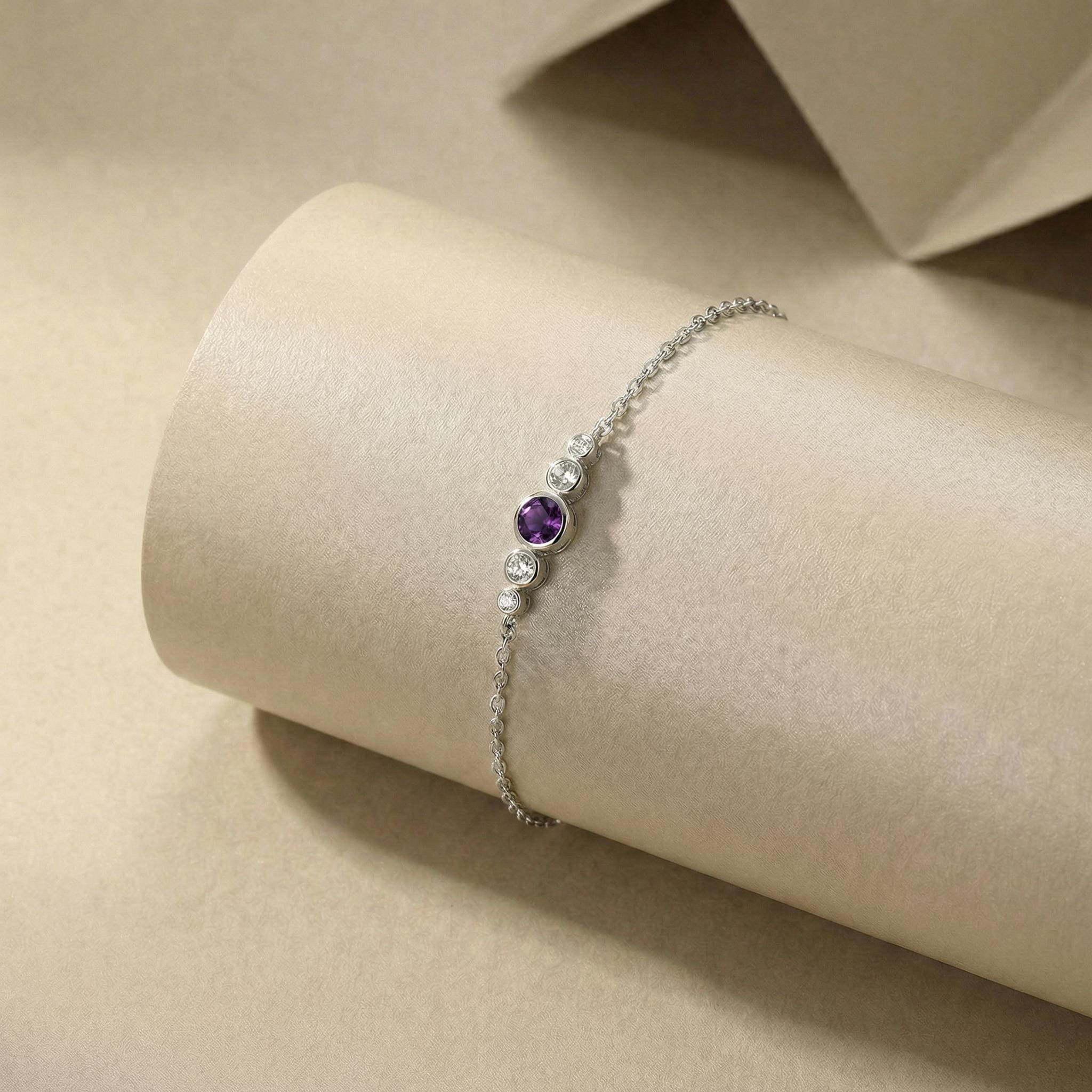 Amethyst Bezel Bracelet, February Birthstone Jewelry, 14K Gold Gemstone Bracelet, Personalized Bridesmaid Gift for Her