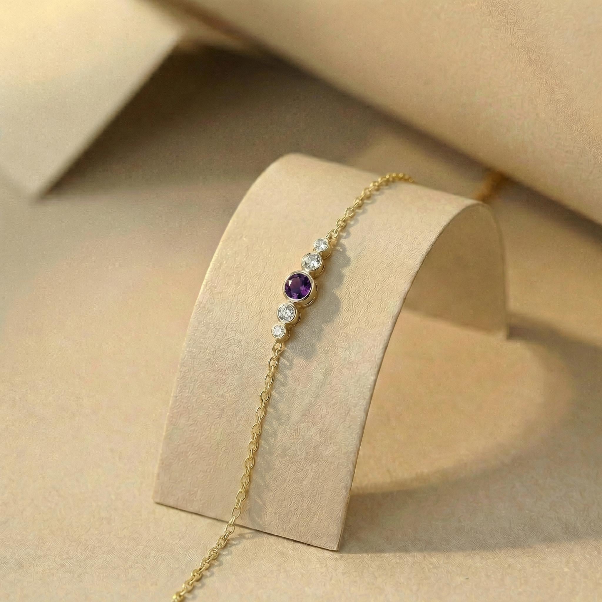 Amethyst Bezel Bracelet, February Birthstone Jewelry, 14K Gold Gemstone Bracelet, Personalized Bridesmaid Gift for Her