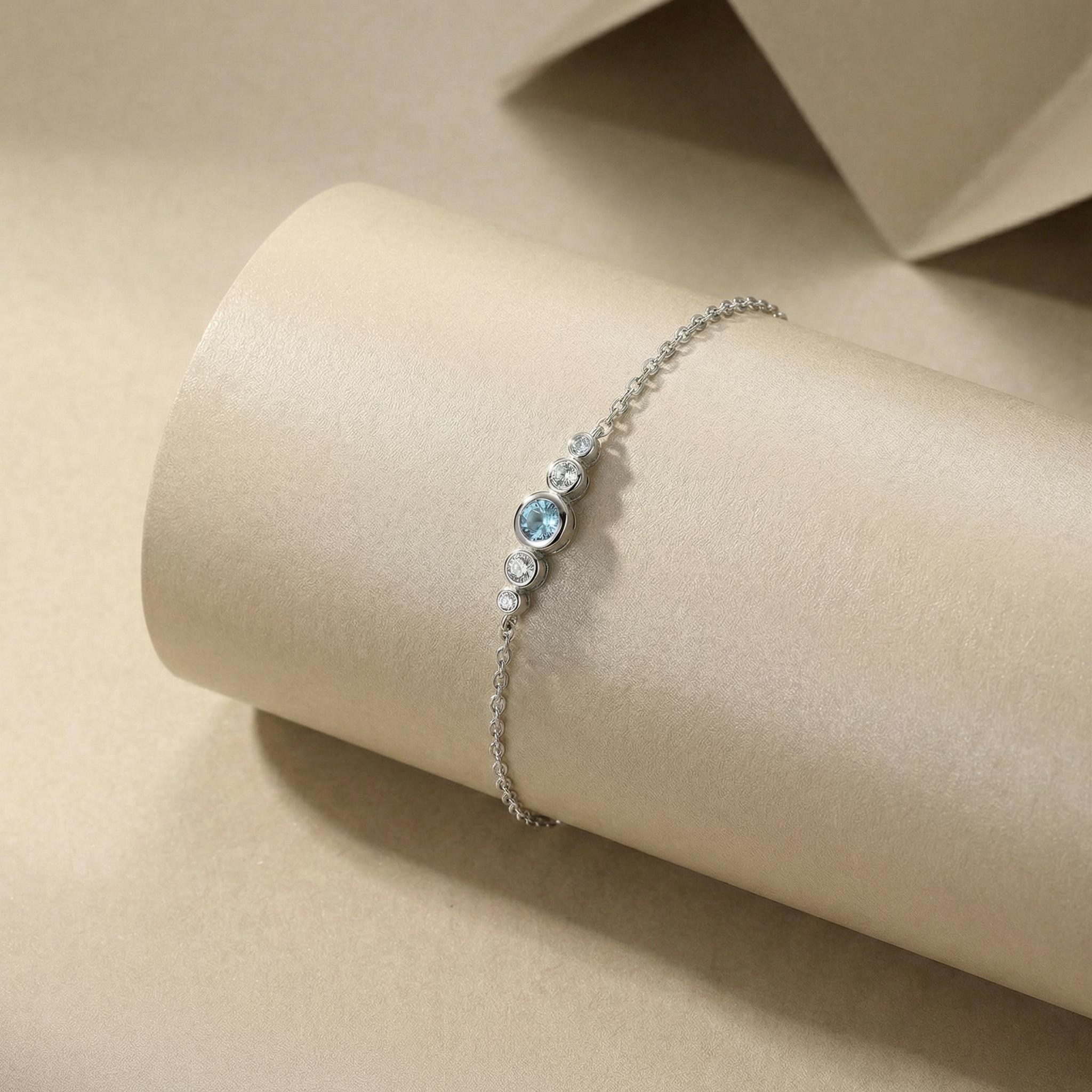 March Birthstone Natural Aquamarine Bezel Bracelet in 14k Gold or Silver - Personalized Bridesmaid Gift