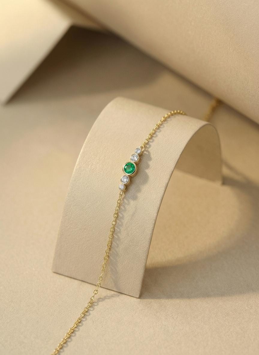 May Birthstone Natural Emerald Bezel Bracelet in 14k Gold or Silver - Personalized Bridesmaid Gift
