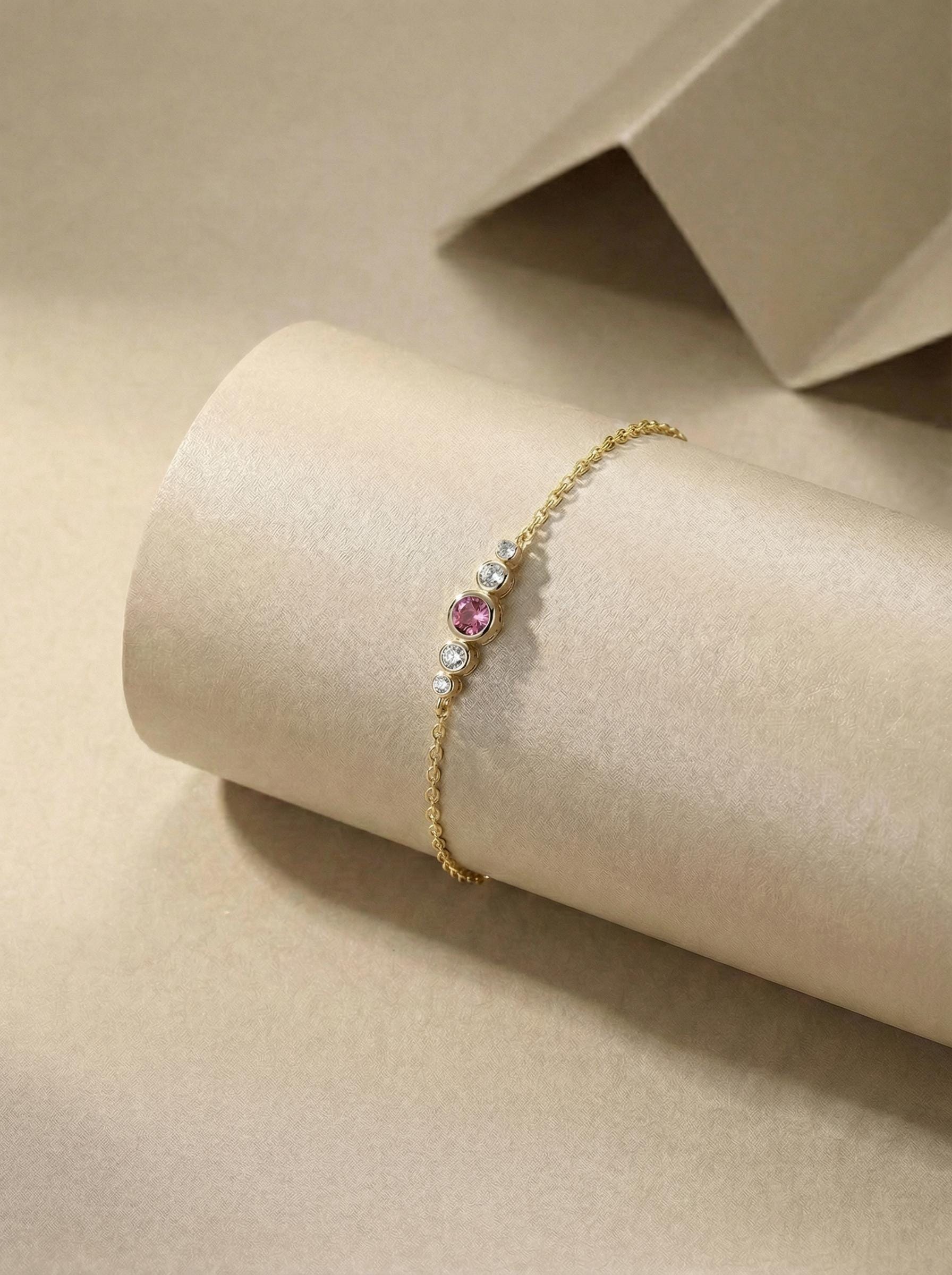 October Birthstone  Pink Tourmaline Bezel Bracelet in 14k Gold or Silver - Personalized Bridesmaid Gift