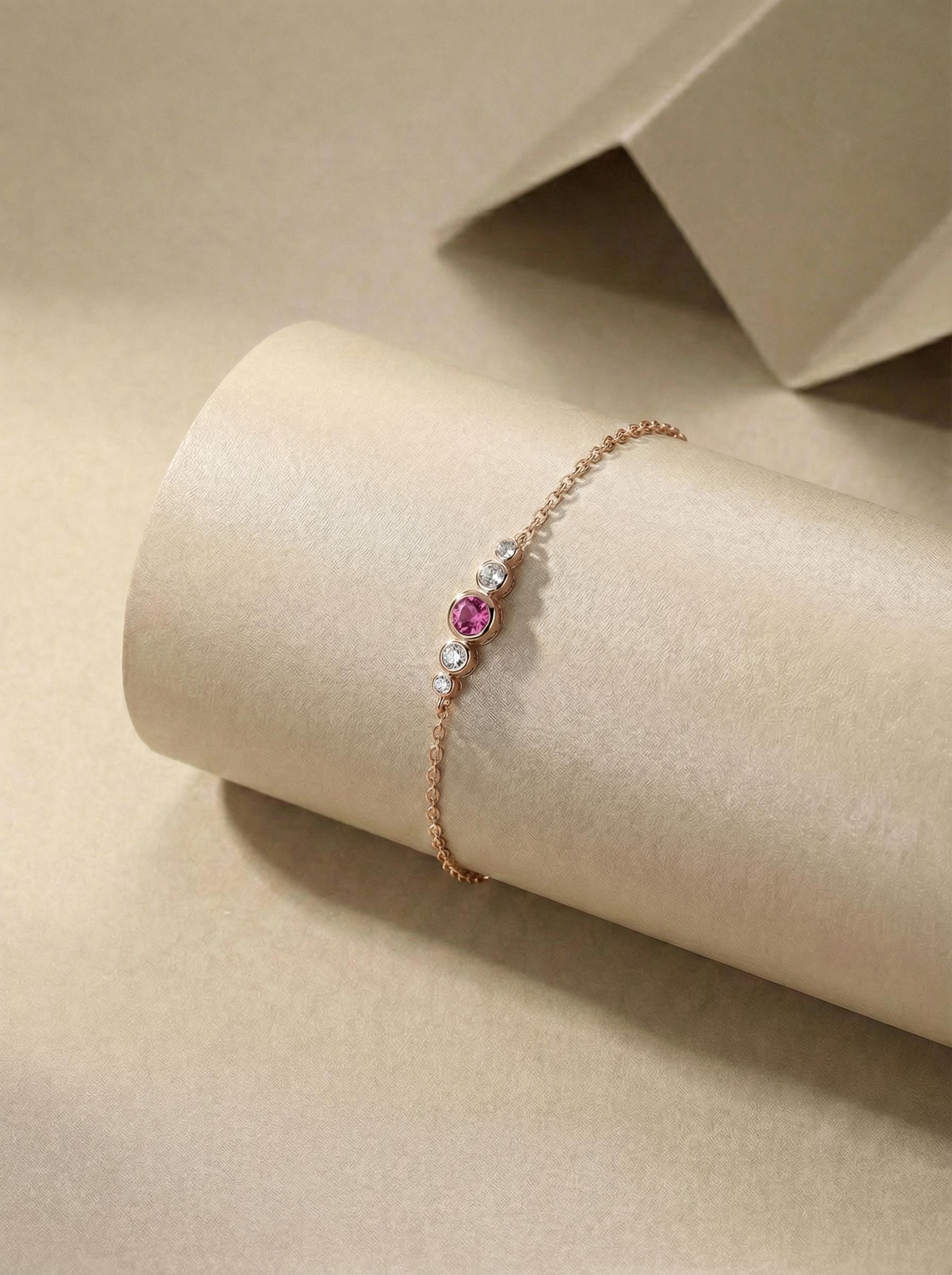 October Birthstone  Pink Tourmaline Bezel Bracelet in 14k Gold or Silver - Personalized Bridesmaid Gift
