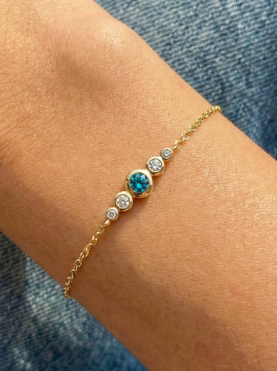 December Birthstone Natural Blue Zircon Bezel Bracelet in 14k Gold or Silver - Personalized Bridesmaid Gift B-044
