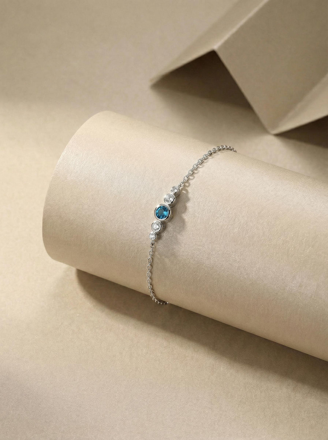 December Birthstone Natural Blue Zircon Bezel Bracelet in 14k Gold or Silver - Personalized Bridesmaid Gift B-044