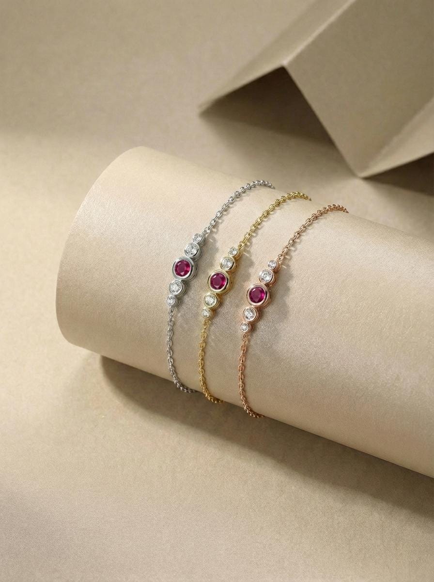 July Birthstone Ruby Bezel Bracelet in Gold or Silver - Personalized Bridesmaid Gift